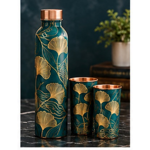 Juego de Botellas de Agua de Cobre con Diseño Floral Mediterráneo Azul, Herméticas, con Dos Tazas, Portátiles, de Metal - Product Image 5