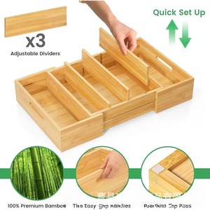 Wooden Drawer Organizer With Adjustable Dividers Bamboo <b>Kitchen</b> <b>Storage</b> <b>Box</b> Rectangular Foldable Compartments - Product Image 1