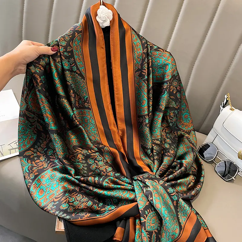 Luxury Brand Silk Scarf Women Large Shawls Hijab Design Stitching striped arrow imitation silk sunscreen outdoor beach towel