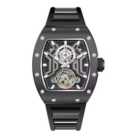 CHANCE 190-28 Montre-bracelet homme tendance noire étanche automatique mécanique avec aiguilles lumineuses bracelet en silicone cadran tonneau