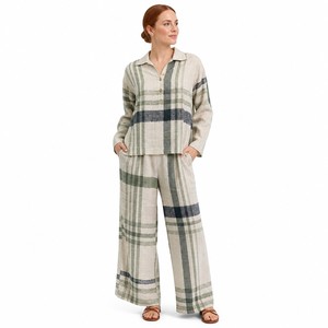 Ensemble haut à col polo et demi-fermeture en lin mélangé à rayures écossaises 160 GSM + pantalon large pour femme, style Highland, OEM XS-5XL - Product Image 1