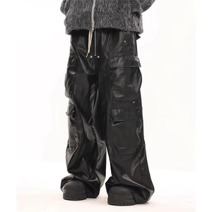 <strong>Men</strong> <strong>Faux</strong> <strong>Leather</strong> Multi Pocket Wide Leg Cargo Pants Drawstring Elastic Waist Zipper Front Casual <strong>Trousers</strong> Wholesale Custom Logo - Product Image 3