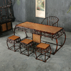 Chinese <b>Bamboo</b> Tea Table Set Ming Song Style Oblong Rattan Top Metal Frame 4 Seater Restaurant Furniture - Product Image 1