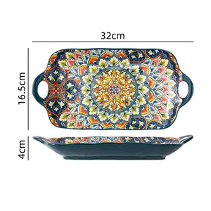 Desain Bohemian alat makan keramik 8 inci, set piring keramik makanan penutup porselen, set peralatan makan Bohemian rumah deco