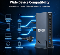Chargeur de bureau 1200W à 12 ports, 8 USB-C + 4 USB, chargeur multi-ports rapide avec affichage numérique pour ordinateur portable, téléphone, prise EU, UK, AU, US