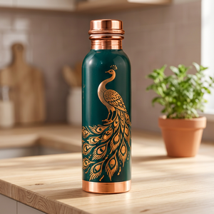 Traditional Copper <b>Water</b> <b>Bottle</b> with Lid Green Peacock Pattern Portable <b>Metal</b> Flask Oriental Design - Product Image 1