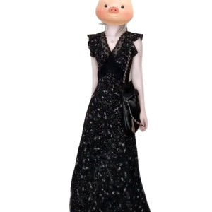 French Style Black V Neck Floral Lace Maxi Dress Women Empire Waist Long Skirt Breathable Summer Evening Dress - Product Image 4