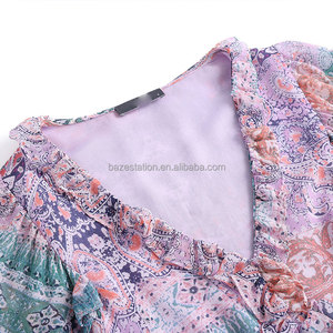 Haute qualité été à volants 3/4 manches col en V Double couches maille Blouses coupe ample fluide tunique imprimé fleuri robes pour les femmes - Product Image 3