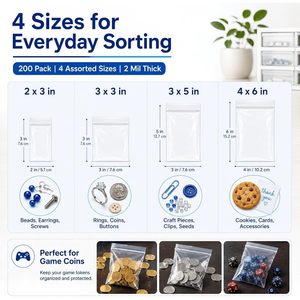 Bolsas de plástico con cierre hermético, paquete de 200, 4 tamaños, 2 milésimas de pulgada de grosor, resellables, para joyería, juguetes, viajes - Product Image 1