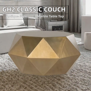 Table basse moderne en or avec plateau en marbre et structure en aluminium, design géométrique, meuble de salon durable - Product Image 2