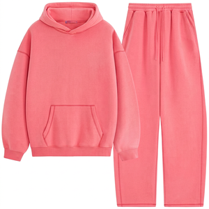 Ensemble sweat à capuche et pantalon en molleton respirant surdimensionné pour femme, couleur unie, en coton tricoté, style décontracté pour l'hiver - Product Image 1