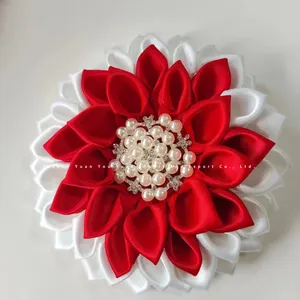 4.5x4.5 inches Red and White DST 1913 Sorority Satin Corsage Multilayer Flower Brooch
