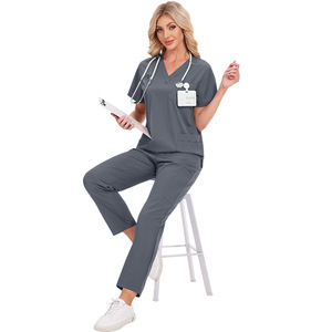 Ensemble de gommages médicaux en gros-Haut à manches courtes et pantalon droit à col en V | Service OEM unisexe pour uniformes hospitaliers/dentaires