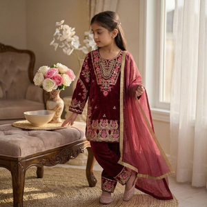 Ensemble Salwar Kameez en velours pour filles, brodé, style pakistanais, 3 pièces avec dupatta pour l'Aïd, les mariages et les fêtes - Product Image 1