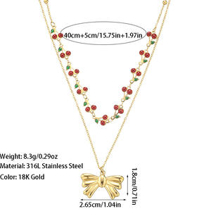 可爱樱桃吊坠项链时尚不锈钢双层链批发N2011162 - Product Image 5