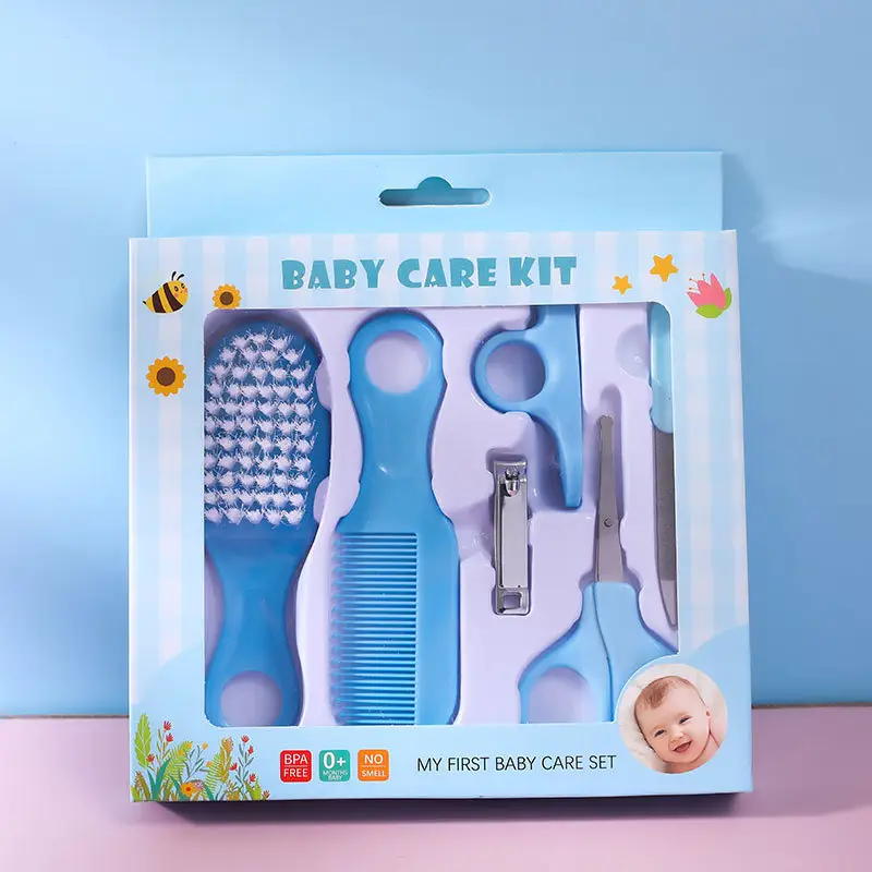 Produits de soins pour bébé de haute qualité 6 pièces ensemble bébé sécurité brosse à cheveux douce avec kit de brosse de manucure ciseaux pour nouveau-né bébé