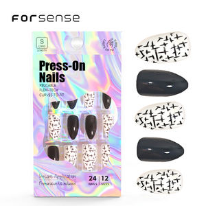 Etiqueta privada personalizada Otoño Invierno Prensa en uñas almendra corta prepegada Punta de uñas falsas acrílico al por mayor uña falsa negra con pegamento - Product Image 1