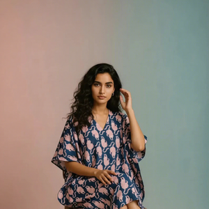 Effortless Elegance Flock Printed Leopard Cotton Kaftan <b>Dress</b> <b>Whimsical</b> Eco-Friendly Asymmetrical Premium Breathable Fabric - Product Image 1