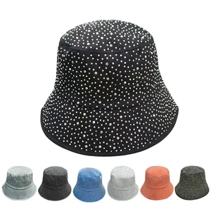 Topi Bucket berlian imitasi berkilau warna-warni terlaris topi nelayan topi Panama Visor untuk wanita