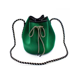 Benutzer definierte reine grüne Farbe Eimer Typ Großhandel drucken Neopren Handtasche Frauen Einkaufstaschen