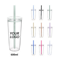 Gobelet réutilisable à double paroi pour thé Boba 350ml 450ml 650ml en acrylique pour boissons froides avec couvercle et paille colorée