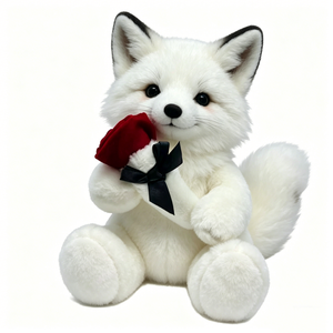 Custom White Plush Dog Holding <b>Red</b> Rose With Black <b>Bow</b> Soft Faux Fur Valentine's Day Gift Cartoon 3D Shape - Product Image 2