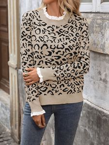Maglione in <span class=keywords><strong>Maglia</strong></span> Acrilica con Stampa <span class=keywords><strong>Leopardata</strong></span>, Stile Retrò Casual, Nuova Tendenza Primaverile, Collo Tondo con Cuciture in Pizzo per Donne - Product Image 3