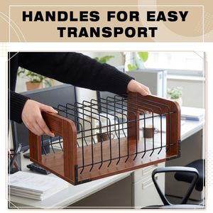Wooden and wrought iron partitioned <b>file</b> and book storage rack, desktop <b>file</b> <b>organizer</b>, storage rack, portable storage bookend - Product Image 3