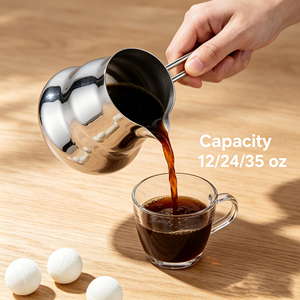 Cezve turque unique en acier inoxydable à corps incurvé doublement bombé, avec longue poignée à double tube, pour cuisinière - Product Image 4