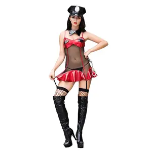 Topi Polisi Kotor Gaun T-back Dasi Kupu-kupu Kostum Polisi Seksi Transparan Kulit Hitam Rok Cosplay Mini untuk Wanita