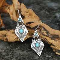 Boucles d'oreilles pendantes tribales en forme de losange aztèque occidentales avec des accents bleu turquoise - Boucles d'oreilles ethniques longues tibétaines avec pierre naturelle