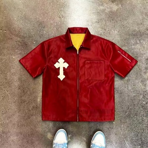 OEM Custom High Quality Short Sleeve Fashion Zip Pocket Casual Turn-<b>down</b> Collar Men's Pu Leather Zip up Mens Leather Shirts - Product Image 4