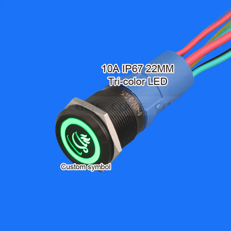 Anel de alta corrente com logotipo de café, botão de alimentação 220v com 5 fios, ip67 spdt vermelho verde azul, alta corrente, 22mm, preto e vermelho