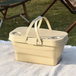 户外野餐篮可折叠方便野餐篮带盖小桌大容量多功能手提篮桶