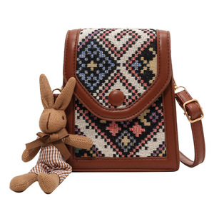 Bohemian <strong>Ethnic</strong> Style Geometric Pattern Women Crossbody <strong>Mobile</strong> Phone <strong>Bag</strong> With Rabbit Pendant Fashion Pu Leather Small Square <strong>Bag</strong> - Product Image 6