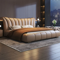 Lit double en bois massif de luxe léger en cuir véritable Lit très grand format en cuir Dossier rembourré Ensemble de meubles de chambre à coucher rembourrés au design moderne