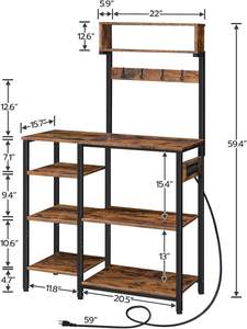 Étagère de boulangerie avec prise de courant Support pour micro-ondes avec 4 crochets 6 niveaux Étagère de rangement de cuisine Table de bar à café Marron rustique - Product Image 3