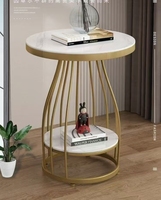 Table basse ronde moderne en faux marbre nordique avec cadre en métal noir, table d'appoint à 2 niveaux pour salon
