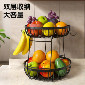 Panier à fruits rond à double couche en acier au carbone, crochet à bananes détachable, rangement pour comptoir de cuisine - Product Image 3