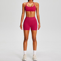 Ensemble de yoga sans couture pour femme avec logo personnalisé, 2 pièces : soutien-gorge de sport dos nu et short cycliste, tenue de sport et de gym très élastique
