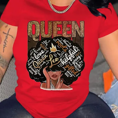 Vrouwen T-shirts Melanine Koningin Patroon Vrouwelijke O-hals Korte Mouw T-shirt Zwart Meisjes Mode Shirt