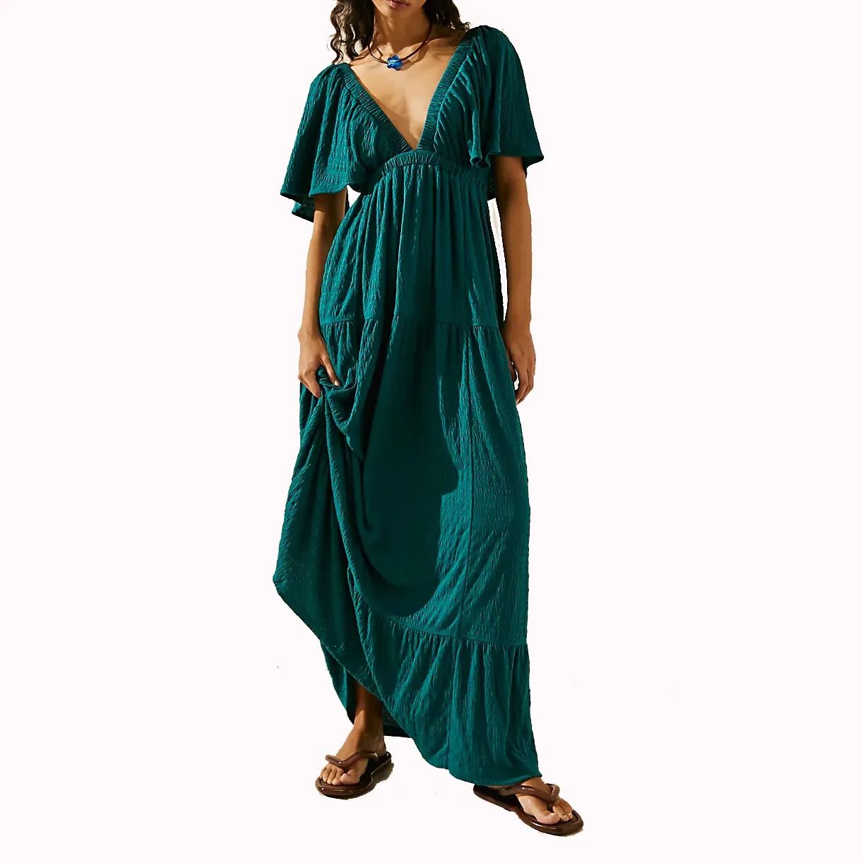 2023 새로운 패션 여성 여름 캐주얼 짧은 플러터 슬리브 깊은 V-넥 등이없는 하이 웨이스트 계층 맥시 드레스