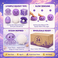 Southpeak Toy Lot de 6 jouets anti-stress à récupération lente, motifs Méduse, Coquillage, Coquille Saint-Jacques, Boule à picots, Cube marbré, couleur Océan Violet, 21x19cm, MOQ48 OEM WS