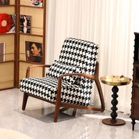 Fauteuil d'appoint en bois massif, fauteuil de loisirs rembourré, motif pied-de-poule noir et blanc, siège de salon