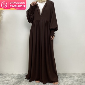 6685# Eid Muslim Women New Arrival Summer Solid Color Front Zip A-line Dress Loose Large Hem Modest Fashion <b>Maxi</b> Dresses With Fu - Product Image 1