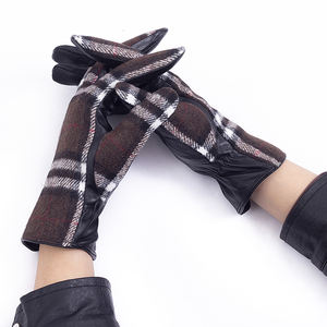 Vente chaude femmes mode cuir de mouton et tissu à carreaux mitaines gants <span class=keywords><strong>chaud</strong></span> <span class=keywords><strong>Ultra</strong></span>-doux doublure broderie gants élastiques - Product Image 5