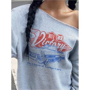 Sudadera de Mujer con Hombros Descubiertos, Manga Larga, Estilo Vintage, Holgada, Asimétrica, Prenda Urbana, Tejido Transpirable - Product Image 4