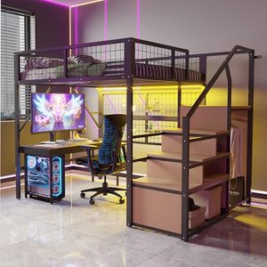 <span class=keywords><strong>Lit</strong></span> <span class=keywords><strong>mezzanine</strong></span> moderne en métal DNF <span class=keywords><strong>avec</strong></span> bande LED, <span class=keywords><strong>rangement</strong></span> <span class=keywords><strong>et</strong></span> étagère ouverte - Twin/Twin XL/140x200cm - Gain de place pour enfants <span class=keywords><strong>et</strong></span> adolescents - Noir - Product Image 5