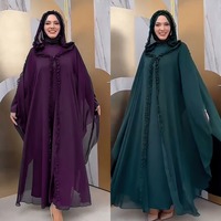 Ensemble Abaya Caftan Musulman Élégant de Mode Pudique avec Intérieur Assorti Style Turc Robe de Costume Bord Floral pour Femmes K0465