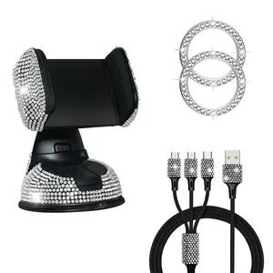 Bling araba aksesuarları Set Rhinestone telefon tutucu çift USB araba şarjı Bling otomatik tek tıklama başlat düğmesi Sticker